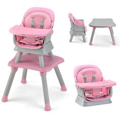 three different views of a baby's highchair and chair with matching trays