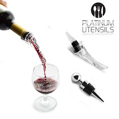 a person pouring red wine into a glass with utensils on the side and an open bottle opener next to it