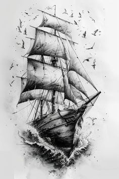 a black and white drawing of a sailboat in the ocean with seagulls flying around