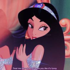 an animated image of a woman with long black hair wearing a tiara and holding her hand to her face