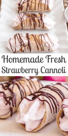 homemade fresh strawberry cannoli with chocolate drizzled on top and in the middle