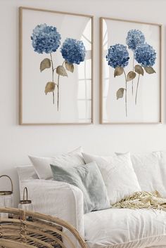 two blue flowers are hanging above a white couch