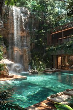 an outdoor pool with waterfall and lounge chairs next to it, surrounded by greenery