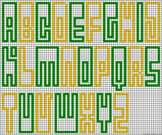 a cross stitch pattern with the letters in green and yellow