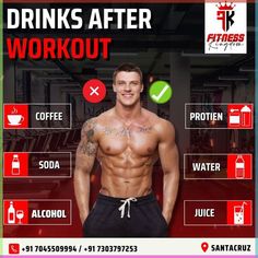 a man with no shirt standing in front of a gym poster that says drinks after workout