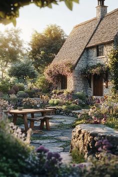 a stone house surrounded by flowers and greenery with picnic tables in the foreground