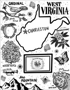 a black and white map of the state of west virginia with images of wildlife, flowers, mountains, and trees