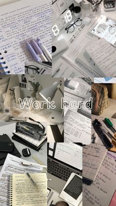 a collage of photos with writing and office supplies