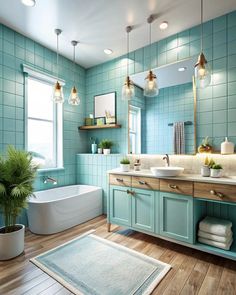 a bathroom with blue tiles and wooden floors, including a bathtub in the center