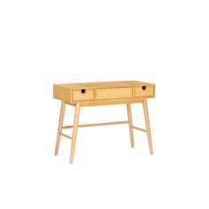 a wooden desk with two drawers on one side and an open drawer on the other