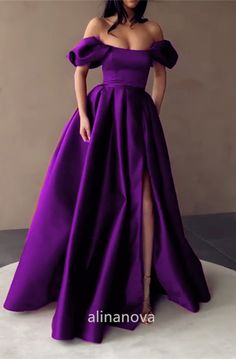 Purple off the shoulder prom dresses leg split satin gown Vestidos Color Uva, Formal Dresses Long Modest, Red Green Dress, Green Wedding Dresses, Bridesmaid Dresses Boho, Strapless Prom Dresses, Prom Dresses With Pockets, Maxi Outfits, Satin Dress Long