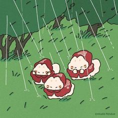 three little monkeys sitting in the rain with their heads covered by red and white umbrellas