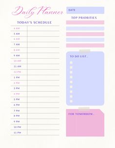 a daily planner is shown with pink and blue accents on it's side, along with the top priority list for tomorrow