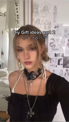 a woman wearing a black top and necklace with words above her head that says diy gift ideas part 2