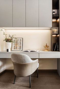 a white chair sitting in front of a desk