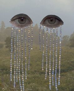 two eyes with beads hanging from them in the grass