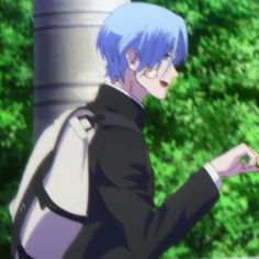 an anime character with blue hair is standing in front of some trees and looking at something