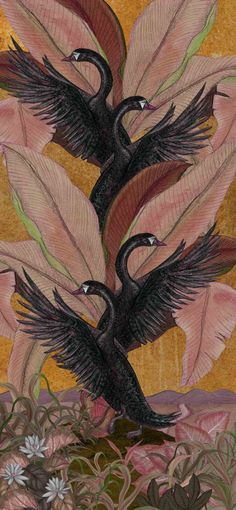 a painting of two birds flying over flowers