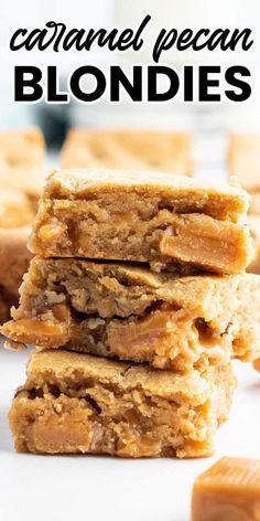 caramel pecan blondies stacked on top of each other with text overlay