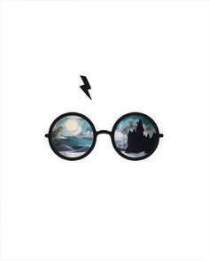 harry potter's glasses with the image of hogwarts and lightning in them