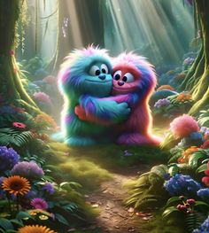 an image of two monsters hugging in the forest