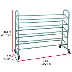 a metal rack is shown with measurements for the top and bottom racks on wheels,