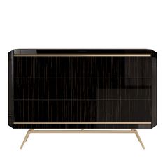 a black and gold sideboard with wooden legs