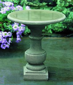 Gray round birdbath filled with water Decorative Bird Cages, Birdbath Fountain, Teak Bench Outdoor, Bird Fountain, Bath Garden, Garden Water Features, Campania International, French Limestone, Honeysuckle Flower