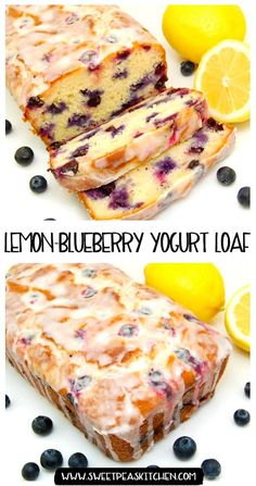 lemon blueberry yogurt loaf cake is cut into slices