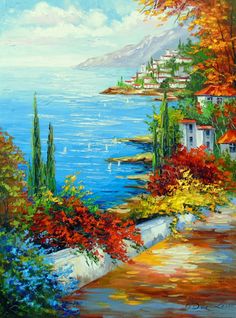 an oil painting of flowers and trees by the water