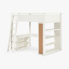 a white loft bed with a desk and shelves on the bottom level, against a white background