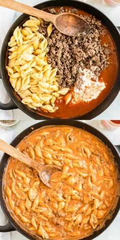 two pans filled with different types of pasta and ground beef on top of each other