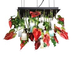 a chandelier with red and white flowers hanging from it