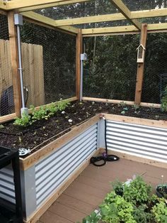 an outdoor garden with various plants growing in the planter boxes and fencing around it