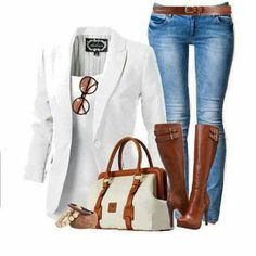 Love this purse but would have used cream jacket and shirt with this outfit Rocker Girl, Boating Outfit, Outfit Jeans, Mode Vintage, Outfit Casual, Brown Boots