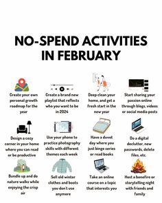 a poster with the words no - spend activities in february and other things to do