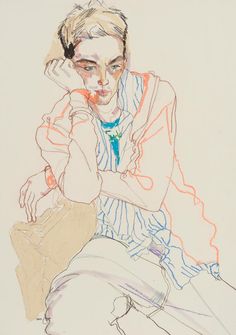 a drawing of a man sitting down with his hand on his face