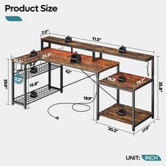 three tables with one shelf and two shelves on each side, measurements for each table