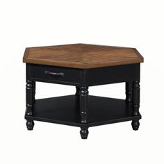 an end table with a wooden top and two drawers on the bottom, in black