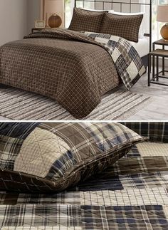 two pictures of a bed with brown and blue plaid comforters on top of it