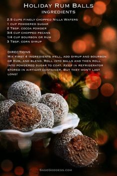 holiday rum balls recipe on a plate with lights in the background