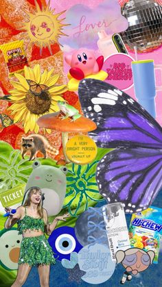 a collage of various items including a butterfly, sunflowers and other things