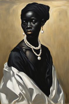 an oil painting of a woman in black and white dress with pearls on her necklace