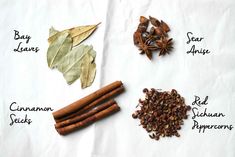 spices and leaves are arranged on a white paper towel with the words, bay leave, star anise, cinnamon sticks, sage pods