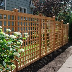 a wooden fence with white flowers in the foreground and a house in the background