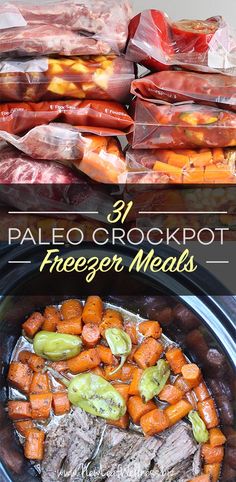 the crock pot is filled with meat and vegetables