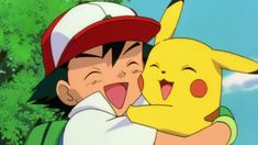 pikachu hugging someone in front of some trees