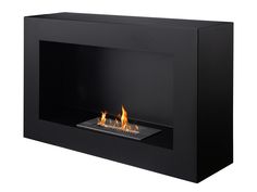 a black wall mounted fireplace with flames in the front and side panels on both sides