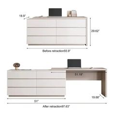 an office desk with two drawers and a computer on top, measurements for each drawer