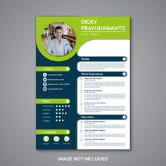 a green and blue resume template with a photo on the front, an image of a man